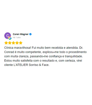 Avaliação 5 estrelas de Caren Wagner no Google: 'Clínica maravilhosa! Fui muito bem recebida e atendida...'